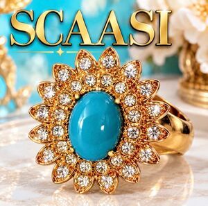 Vintage Arnold Scaasi Faux Turquoise Crystal Gold Tone Cocktail Ring